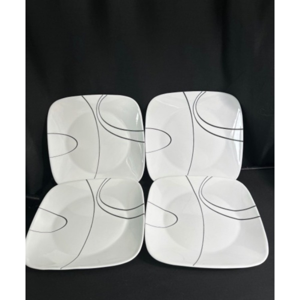 Corelle‎ Simple Lines 9" Square Lunch Plates Set of 4 White Black Vitrelle